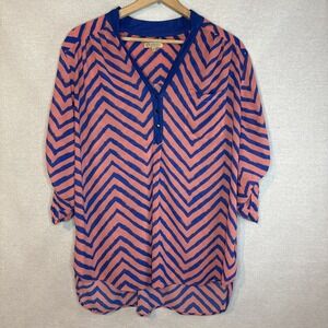 Democracy Womens Top Blouse‎ 2X Pink Blue Stripe Roll Tab Sleeves Sheer Flowy
